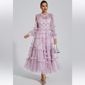 Light Pink Floral Lace Tiered Maxi Dress